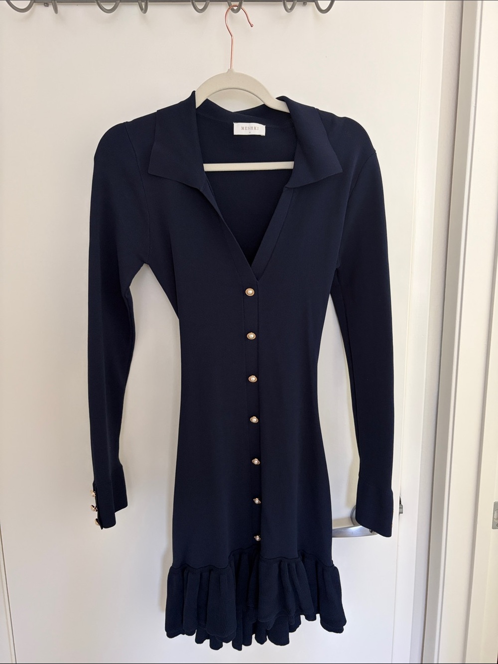 MESHKI PEREESA Navy Long-Sleeve Button Dress M NWOT
